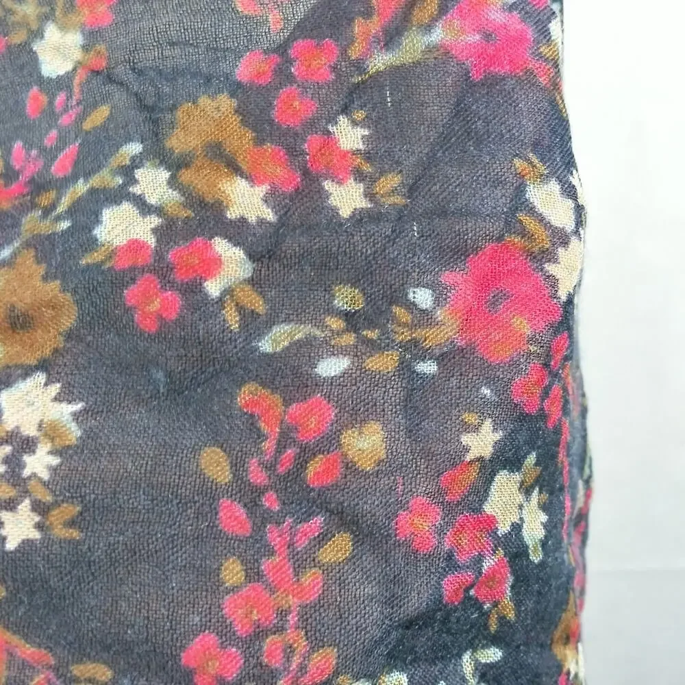 Blue Red Floral Scarf Wrap With Fringe